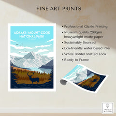 Aoraki Mount Cook National Park fine art print with mountain, forest, lake, and deer illustration