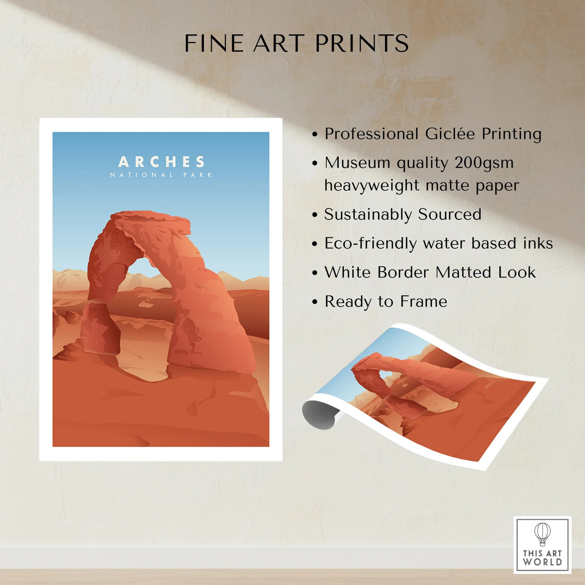 Arches National Park fine art print with Delicate Arch illustration, unframed wall art details