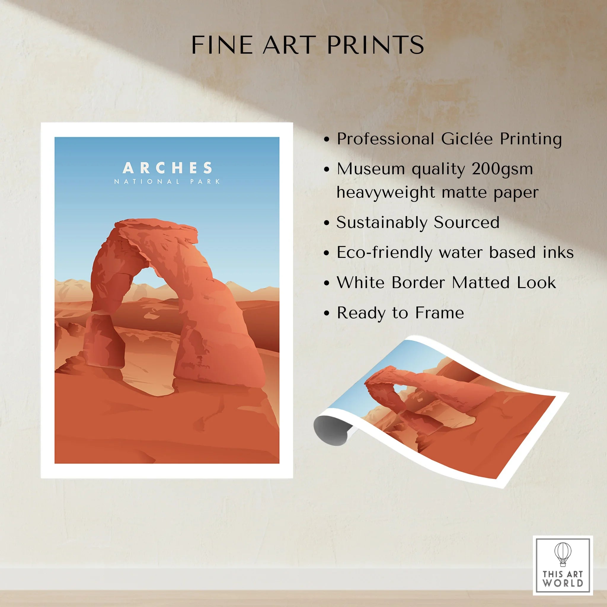 Arches National Park fine art print with Delicate Arch illustration, unframed wall art details