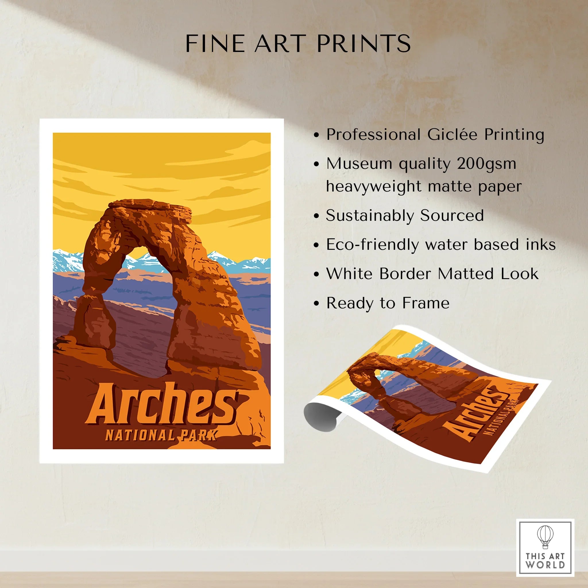 Arches National Park fine art print with Delicate Arch illustration, unframed with white border