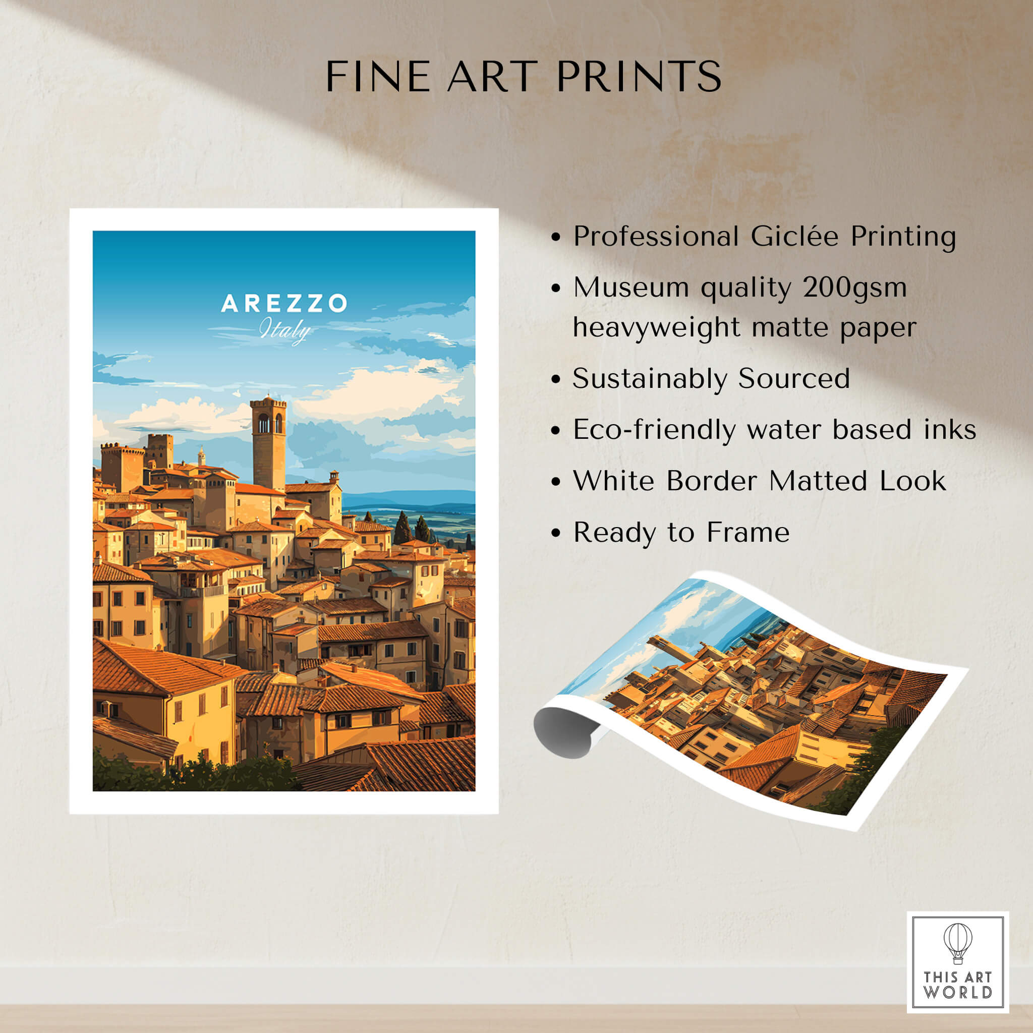 Arezzo Italy Wall Art – Tuscany Village Poster showcasing terracotta rooftops and medieval architecture.