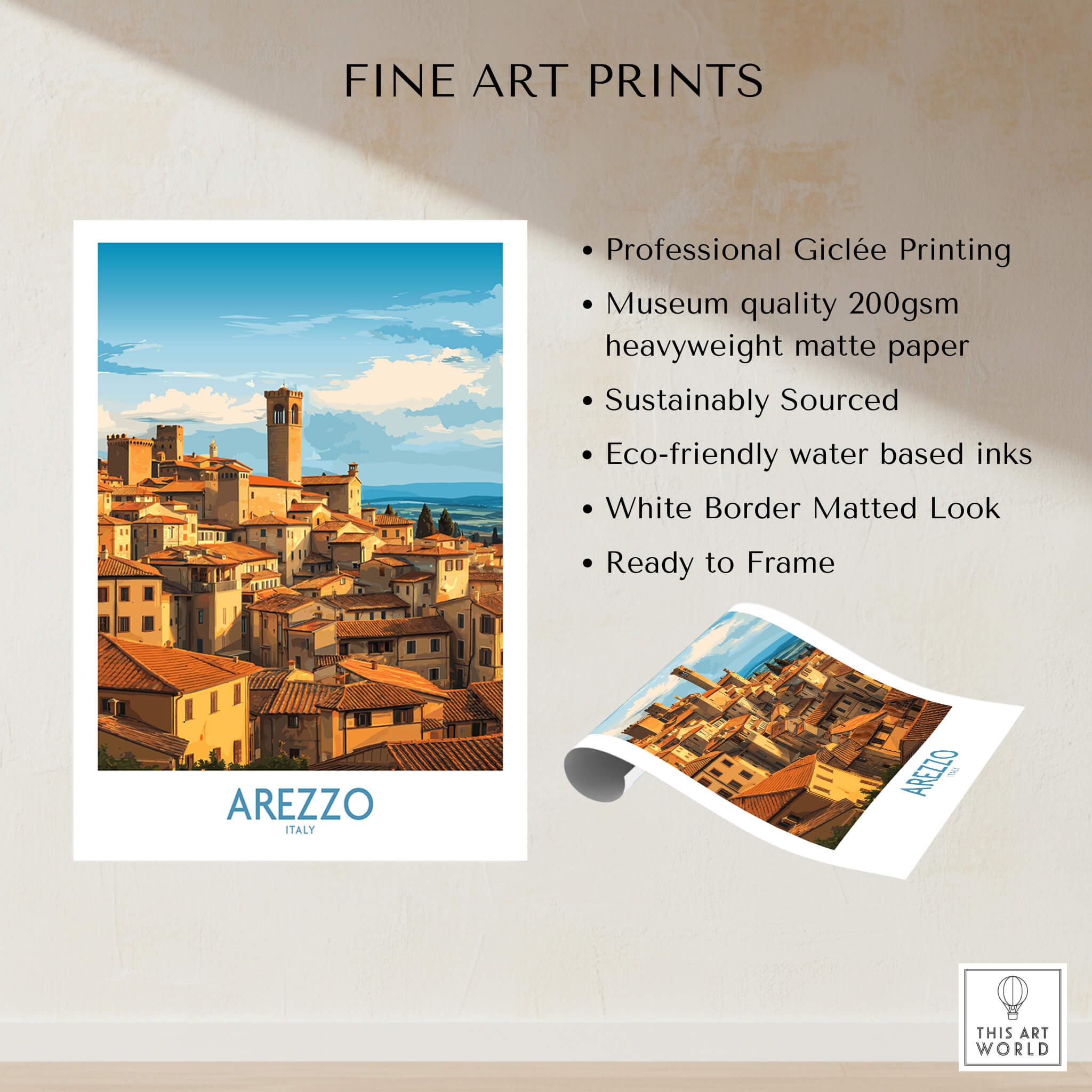 Arezzo Italy Travel Poster - Canvas Print featuring a beautiful Tuscan landscape with vibrant colors and architectural details.