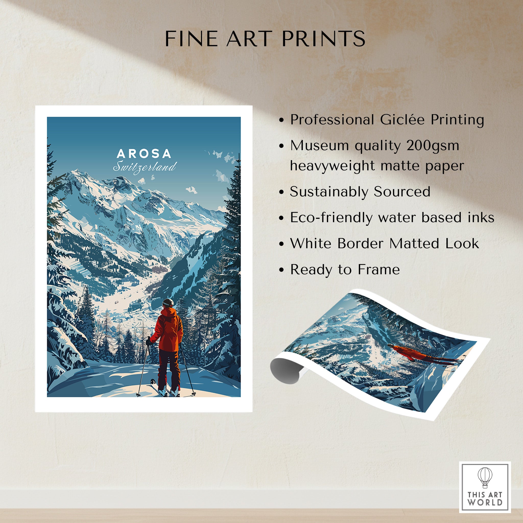Arosa Travel Poster - Switzerland displayed with fine art print features and stunning mountain scenery.