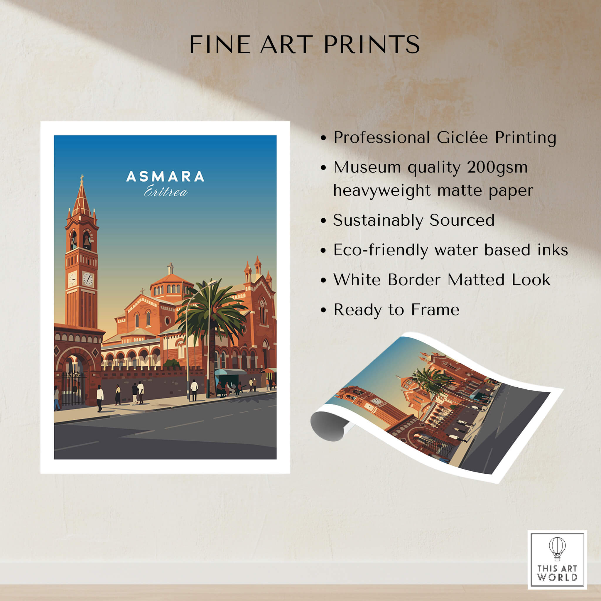 Asmara Travel Poster – Eritrea Cathedral and Bell Tower Art Print showcasing professional Giclée printing and vibrant design.