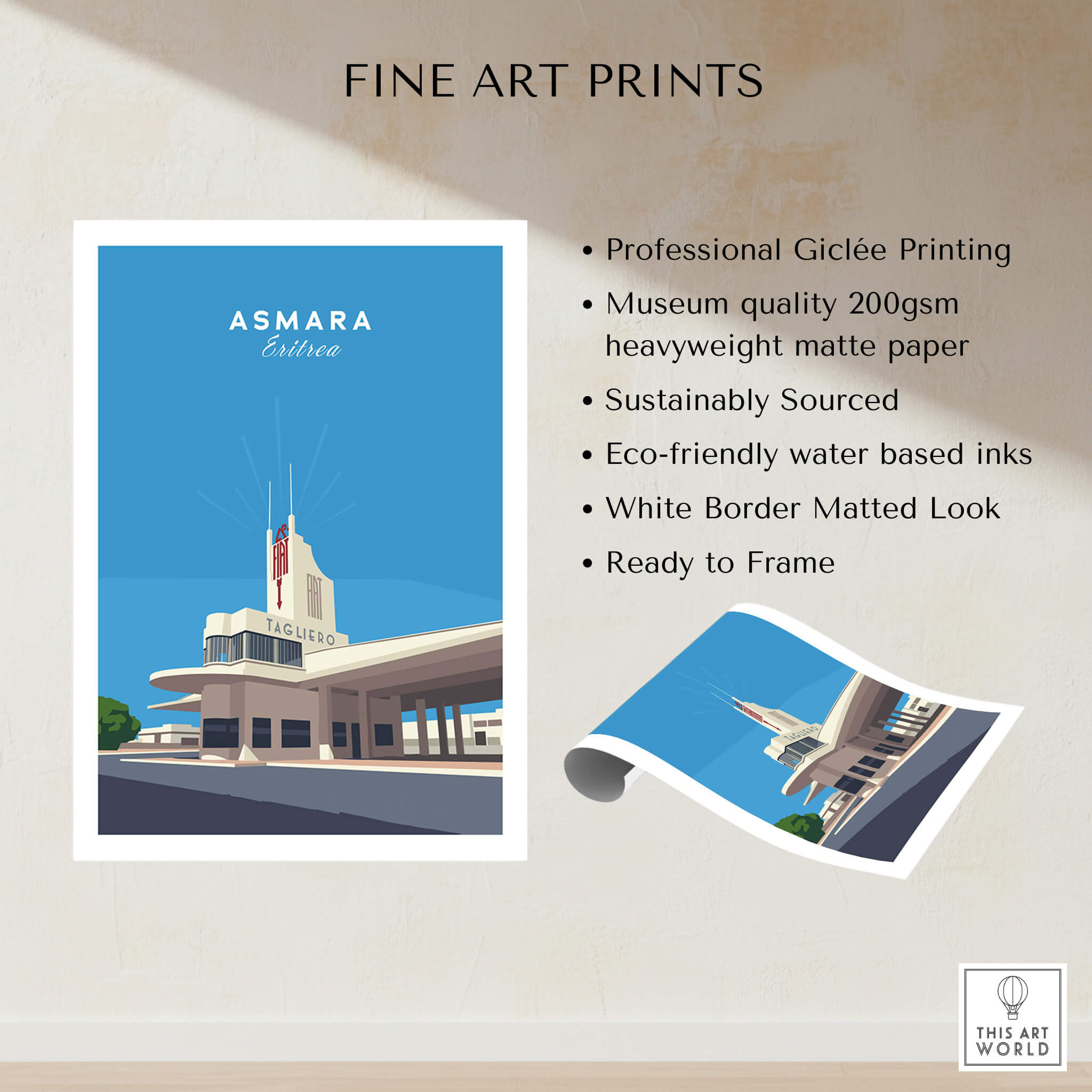 Asmara Travel Poster – Fiat Tagliero Futurist Architecture Art Print featuring professional Giclée printing details.