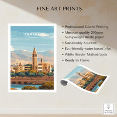 Asmara Travel Poster – Cityscape Skyline and Mountain Landscape Art Print showcasing professional Giclée printing.