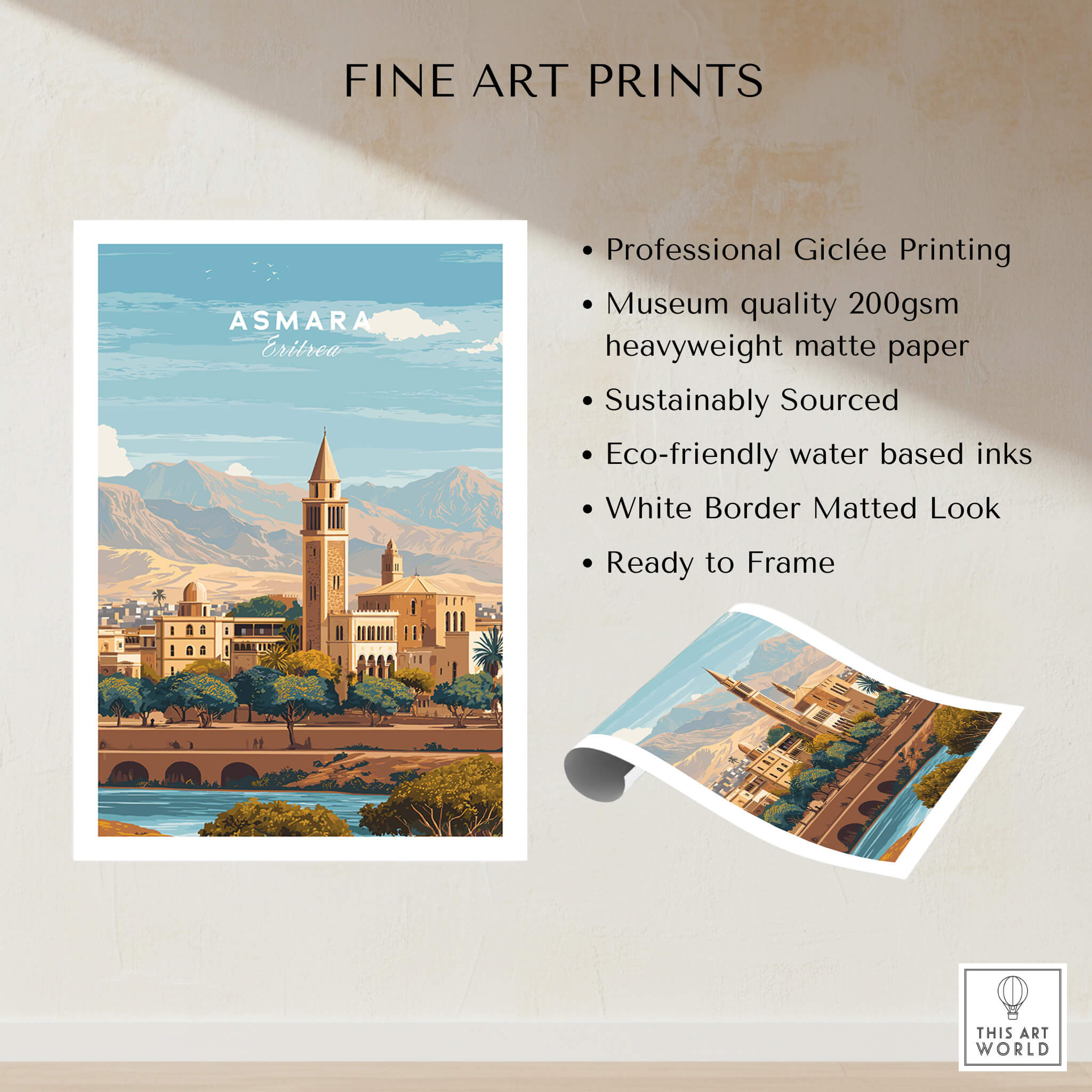 Asmara Travel Poster – Cityscape Skyline and Mountain Landscape Art Print showcasing professional Giclée printing.
