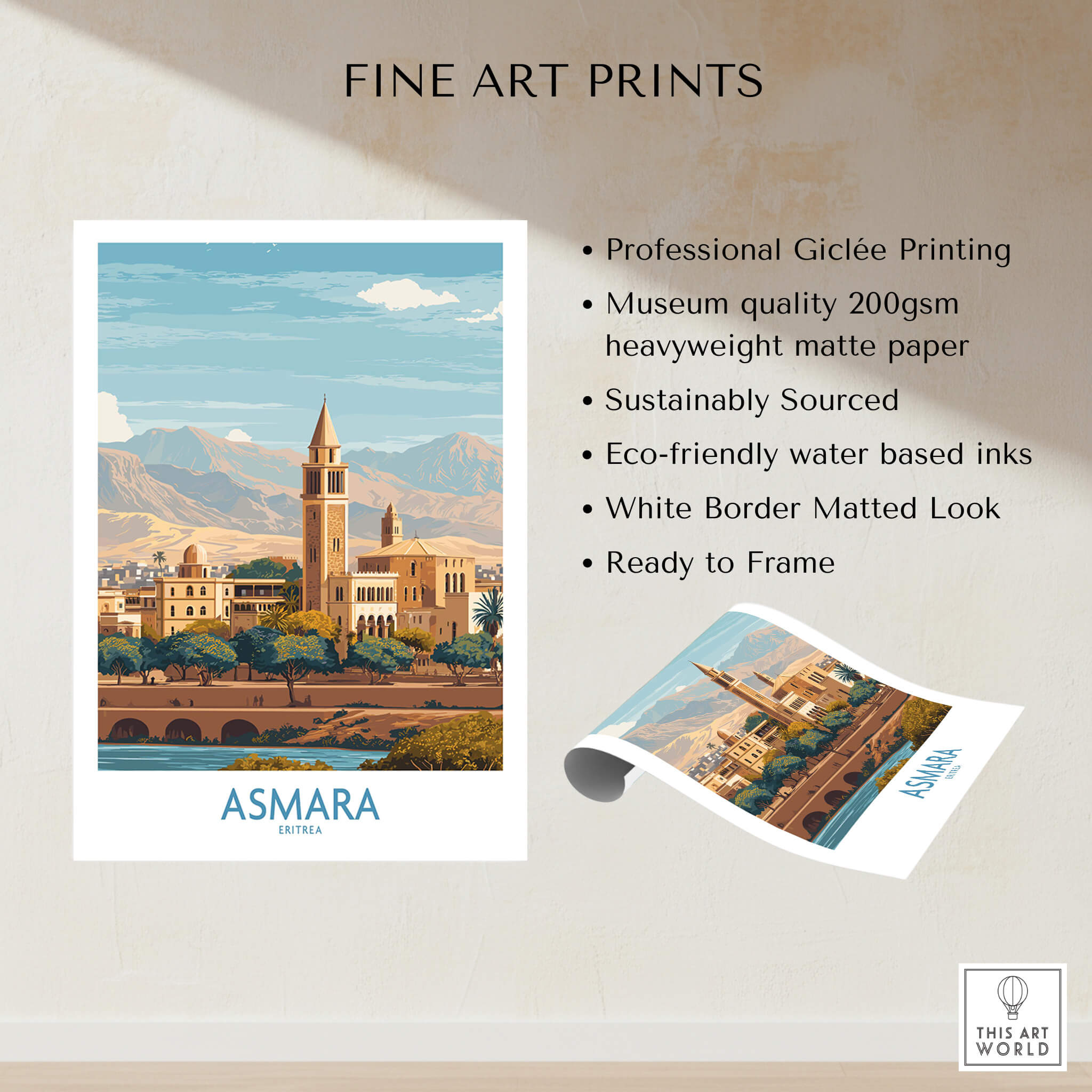 Asmara Eritrea Wall Art – Travel Poster showcasing vibrant architecture and landscape in fine art print format.