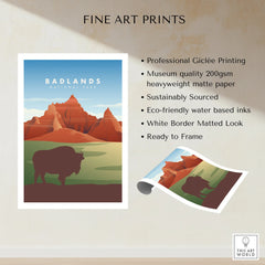 Badlands National Park poster art print with bison silhouette and red rock mountains