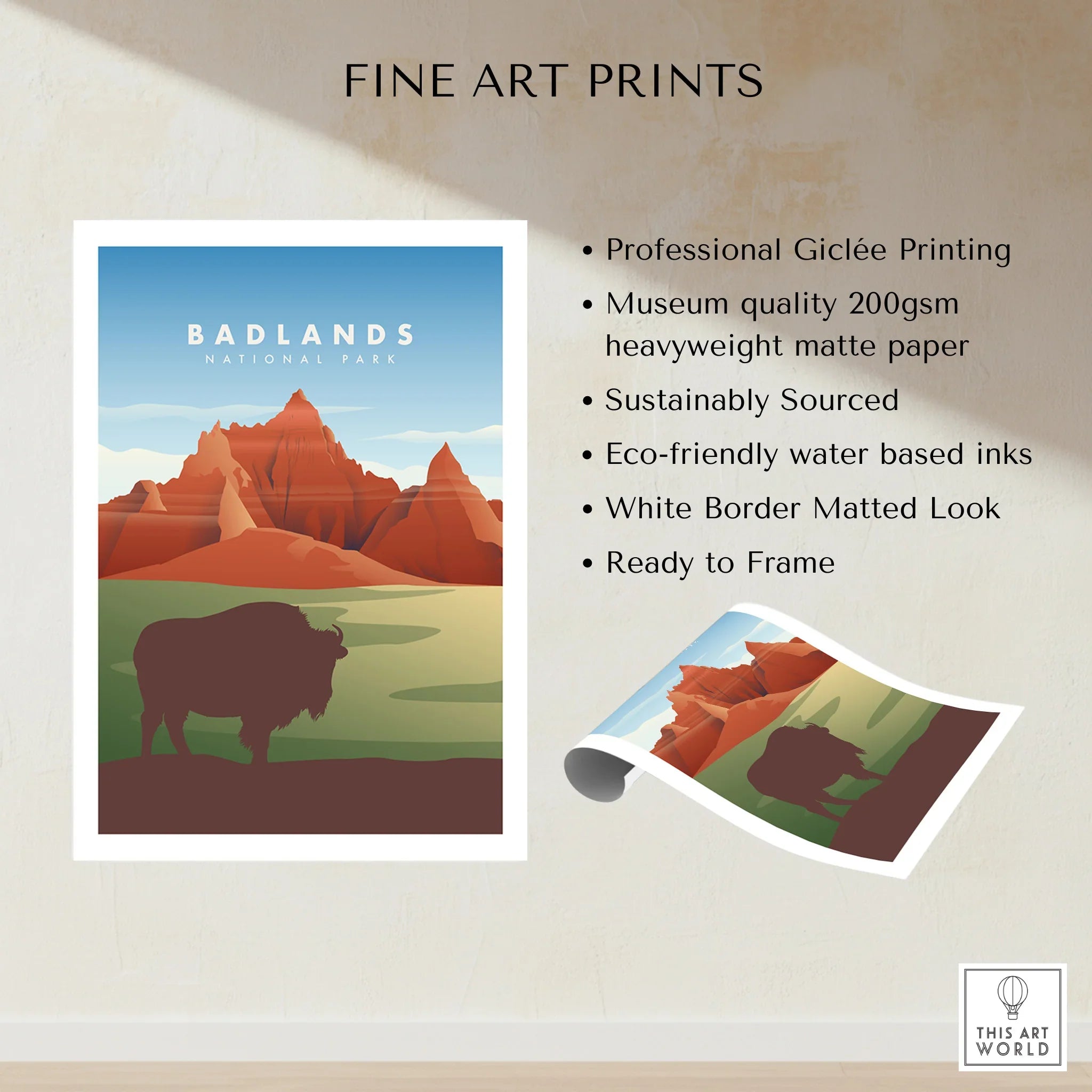 Badlands National Park poster art print with bison silhouette and red rock mountains