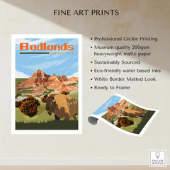 Badlands National Park art print with bison, desert landscape, and quality print details.