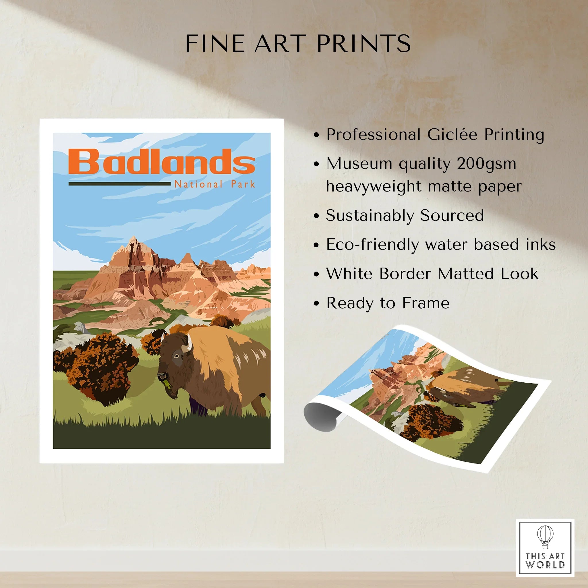 Badlands National Park art print with bison, desert landscape, and quality print details.