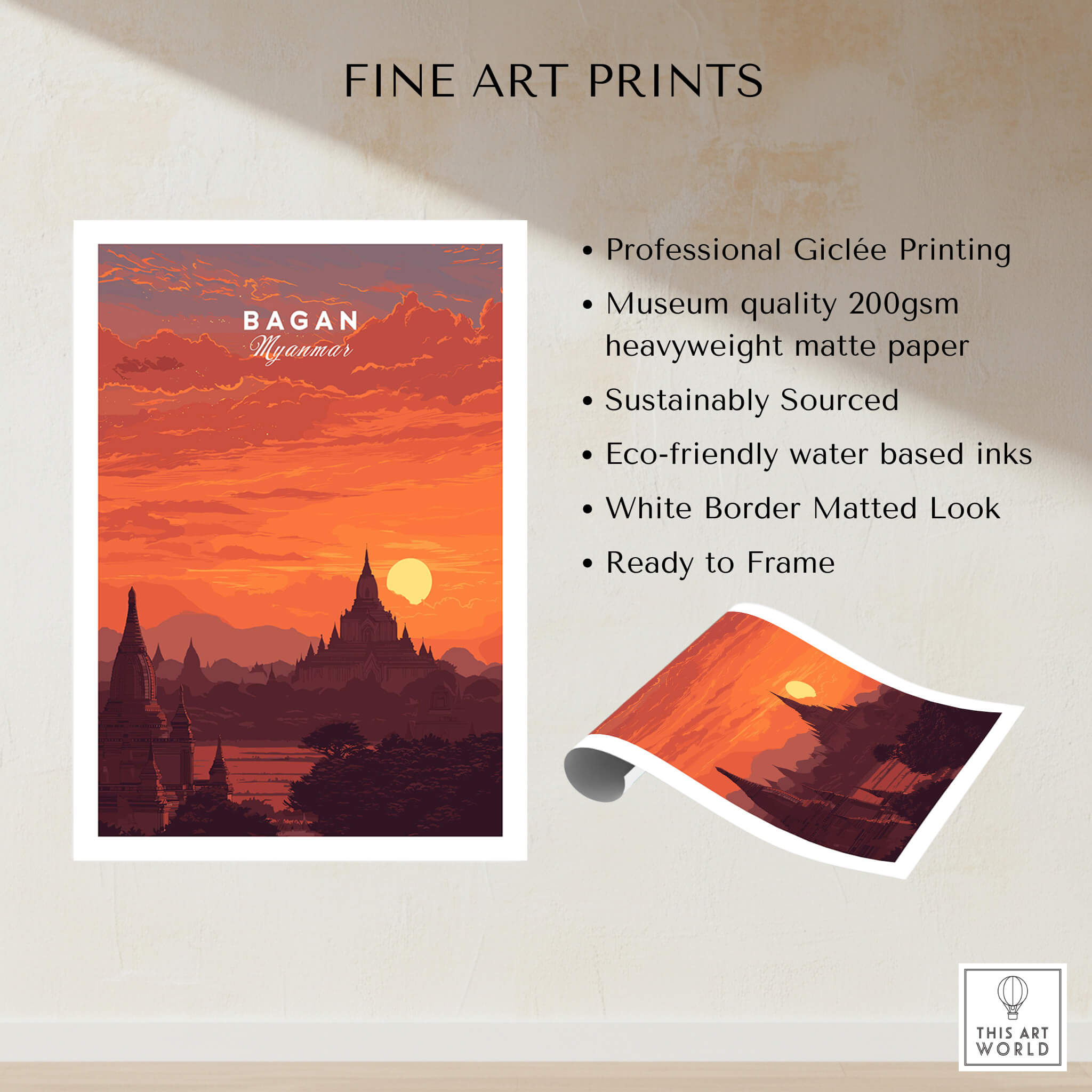 Bagan Travel Poster – Myanmar Ancient Temple Sunset Art showcasing stunning sunset over ancient pagodas.
