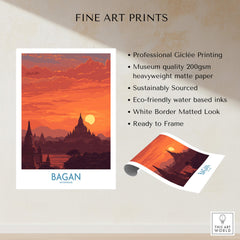 Bagan Myanmar Wall Art – Buddhist Pagoda Skyline Canvas Print showcasing professional Giclée printing and eco-friendly materials.