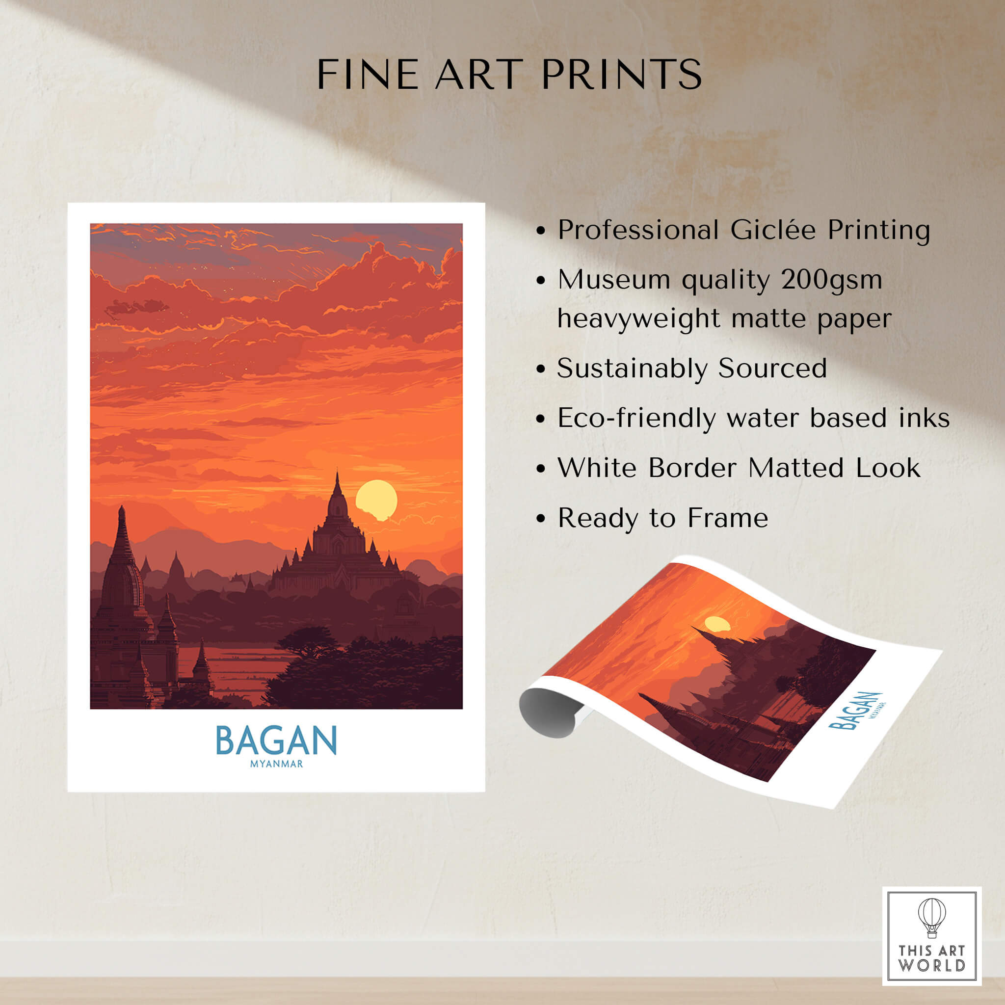 Bagan Myanmar Wall Art – Buddhist Pagoda Skyline Canvas Print showcasing professional Giclée printing and eco-friendly materials.