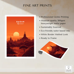 Bagan Travel Poster – Minimalist Temple Wall Art displayed on heavyweight matte paper with eco-friendly inks.