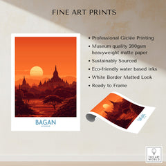 Bagan Myanmar Print – Traditional Pagoda Wall Art showcasing sunset over pagodas in vibrant orange hues.