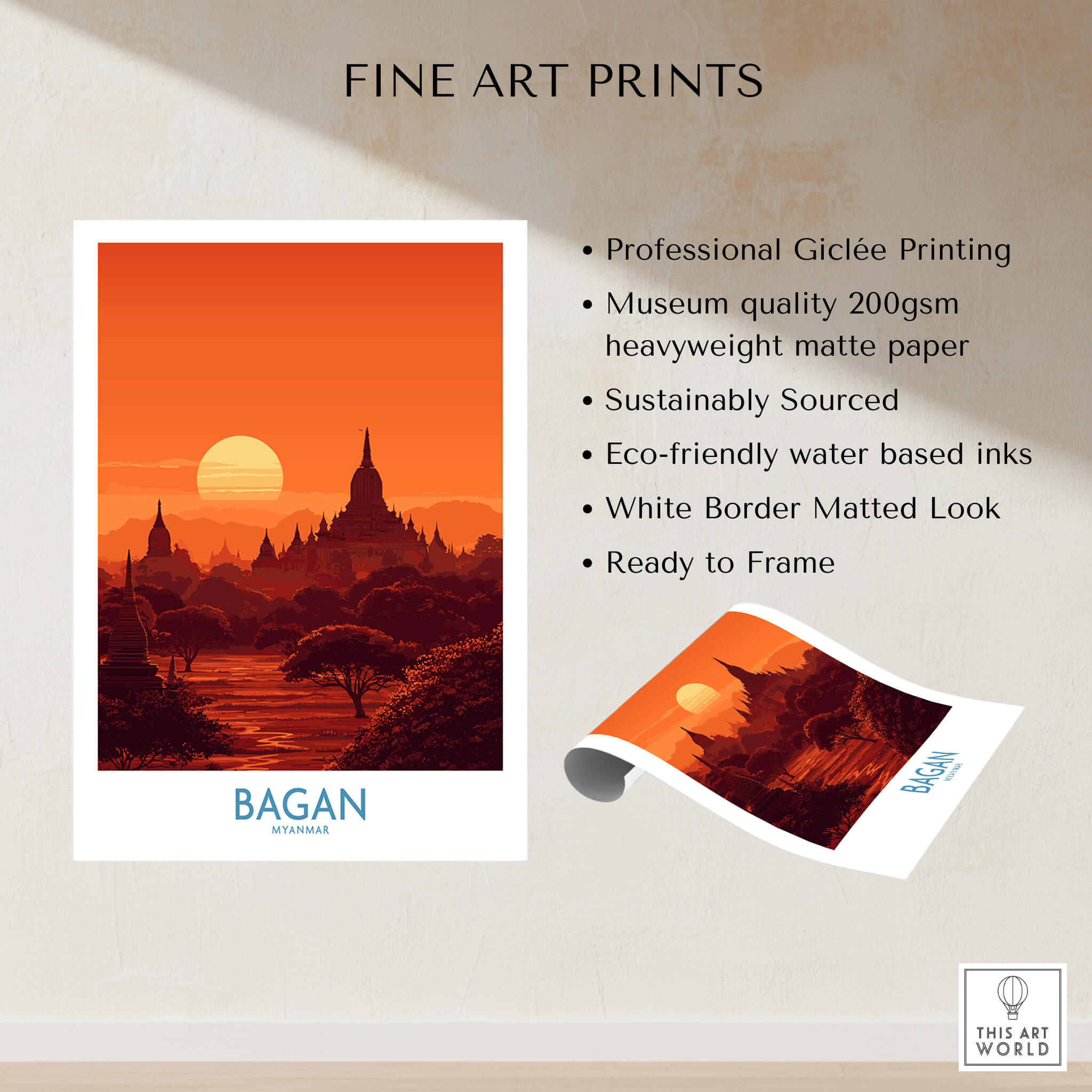 Bagan Myanmar Print – Traditional Pagoda Wall Art showcasing sunset over pagodas in vibrant orange hues.
