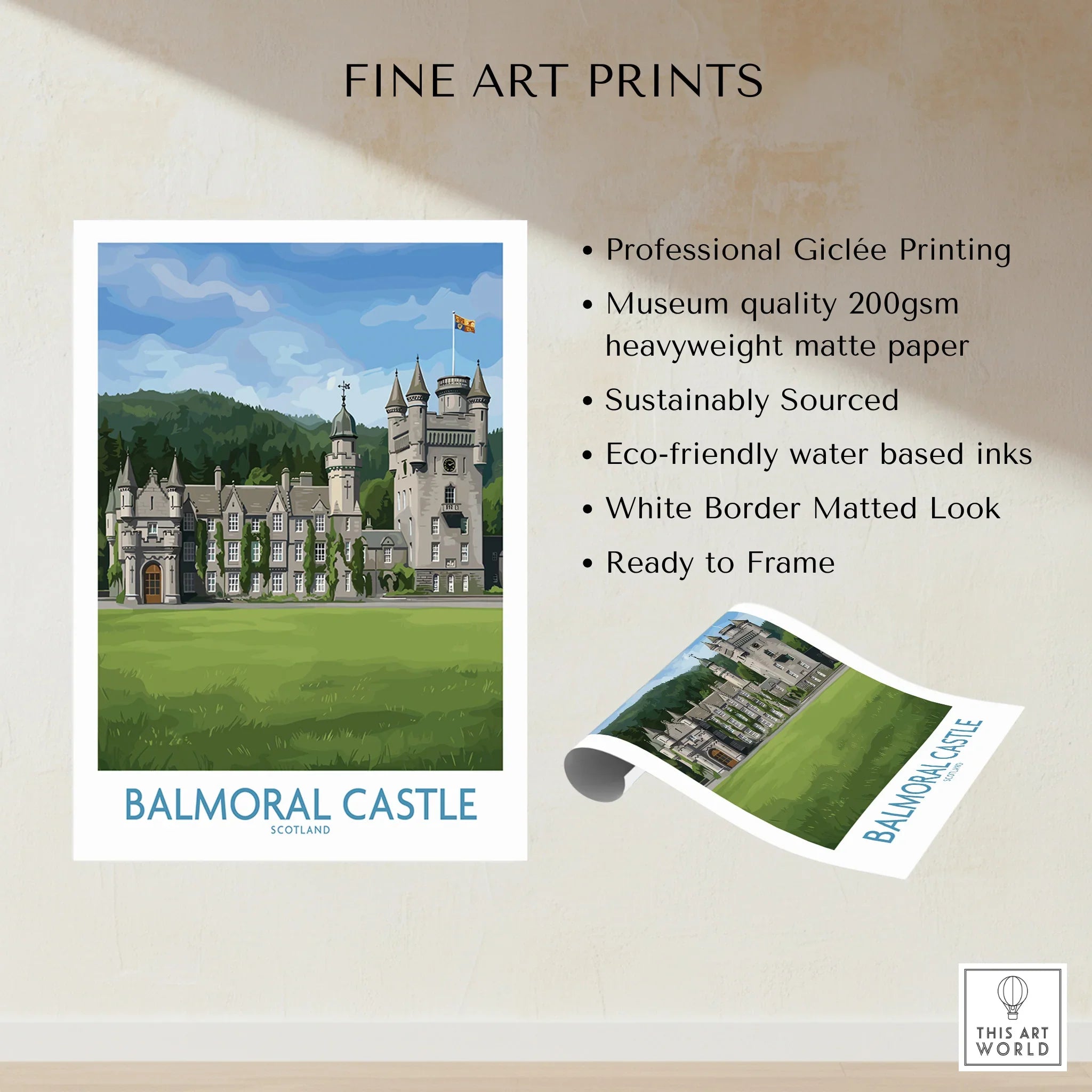 Balmoral Castle Scotland fine art print unframed, giclée travel poster with white border
