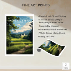 Balmoral Castle Scotland fine art print featuring a scenic landscape with trees and mountains