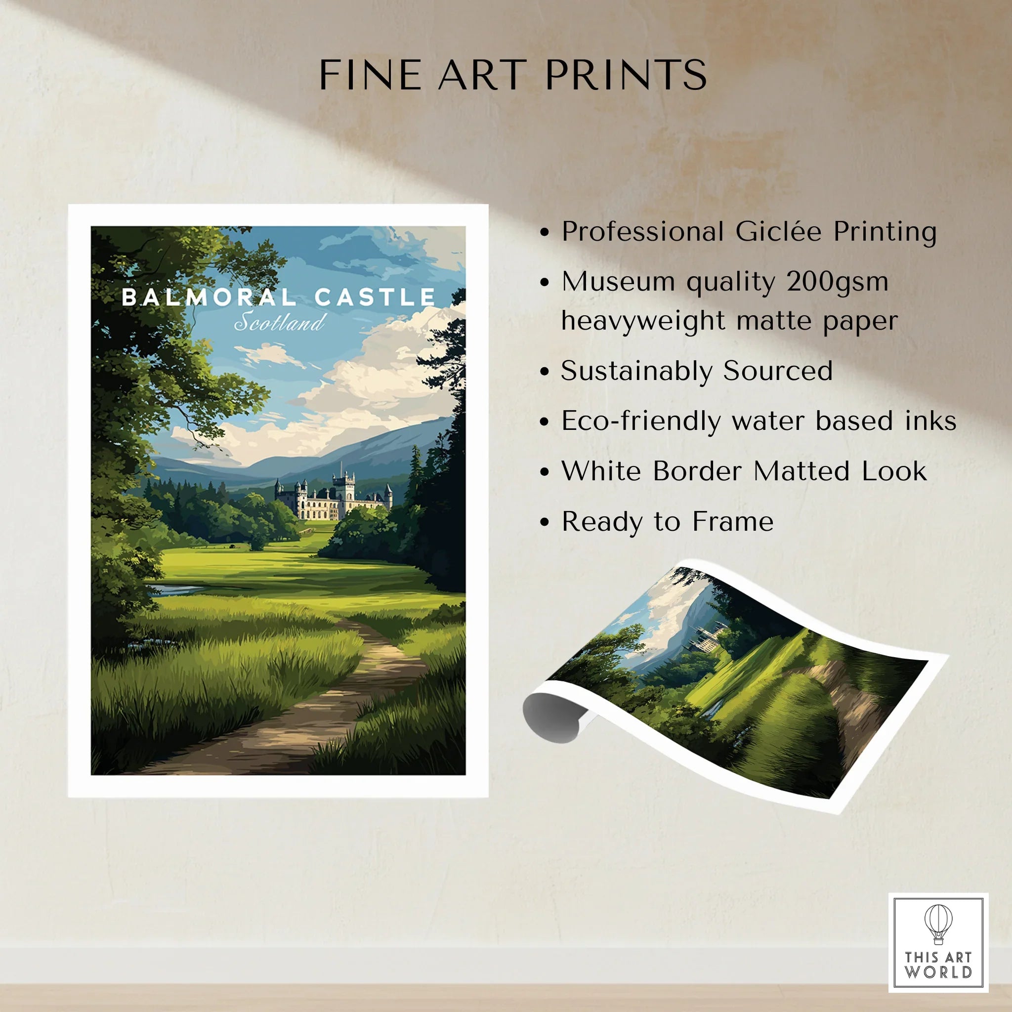 Balmoral Castle Scotland fine art print featuring a scenic landscape with trees and mountains