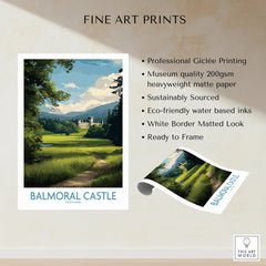 Balmoral Castle Scotland wall art print with landscape illustration, fine art quality details