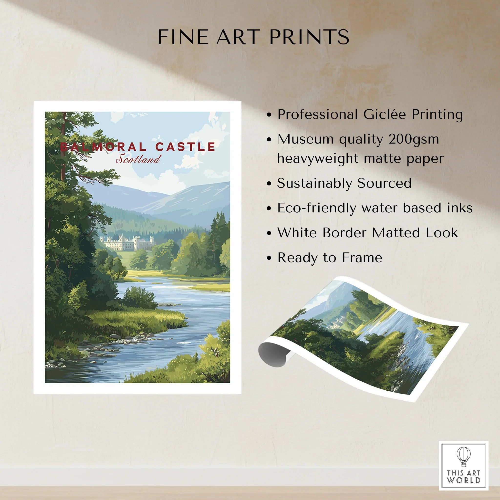 Balmoral Castle Scotland fine art print with river, trees, mountains and product quality details