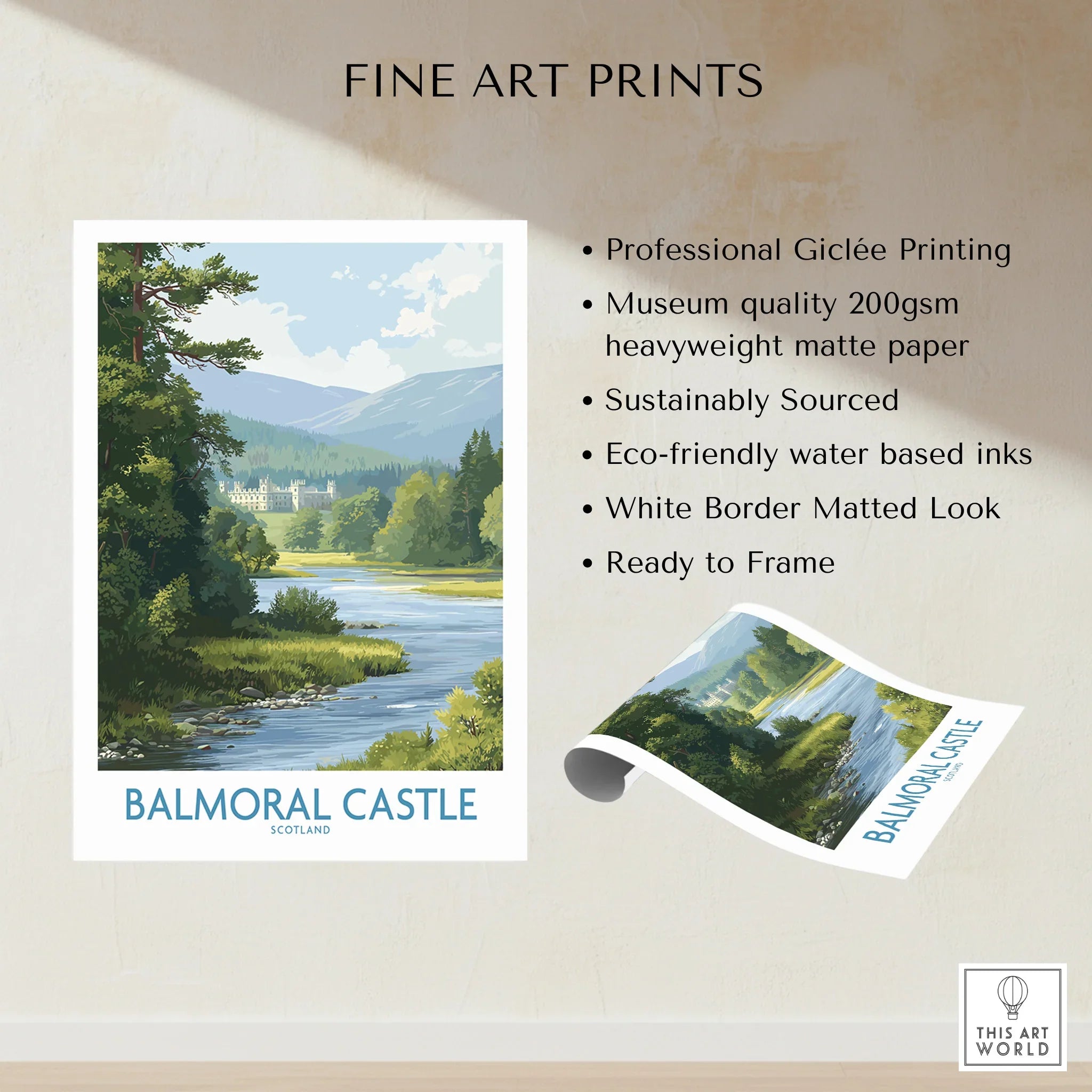 Balmoral Castle Scotland travel poster art print, unframed with matte paper and river landscape.