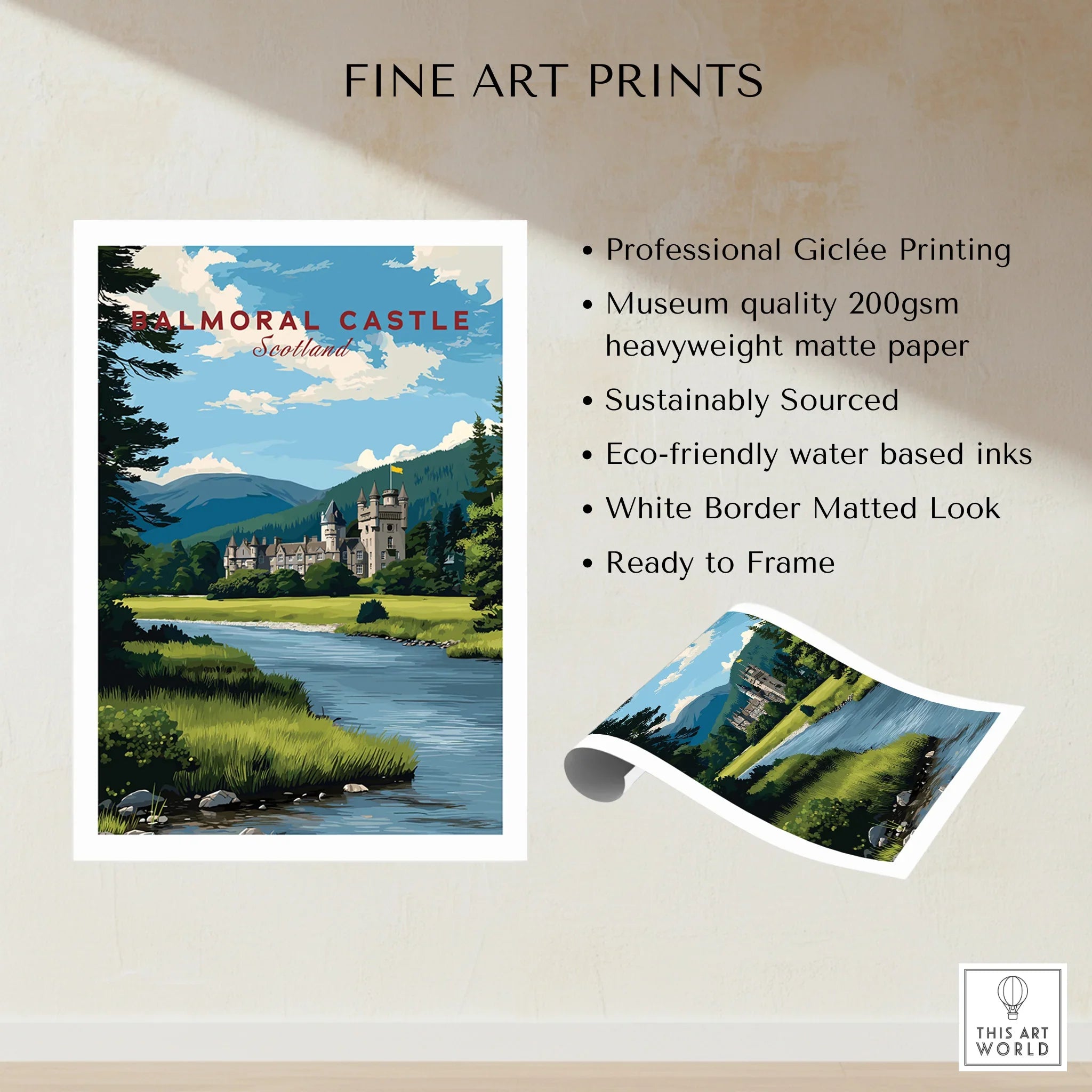 Balmoral Castle Scotland art print with river landscape, fine art poster on matte paper