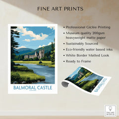 Balmoral Castle Scotland fine art print with river landscape, unframed wall art details.
