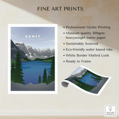 Banff National Park fine art print with snowy mountains, pine trees, blue lake, and white border