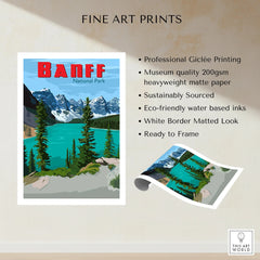 Banff National Park fine art print with teal lake, mountains, and pine trees, unframed on wall