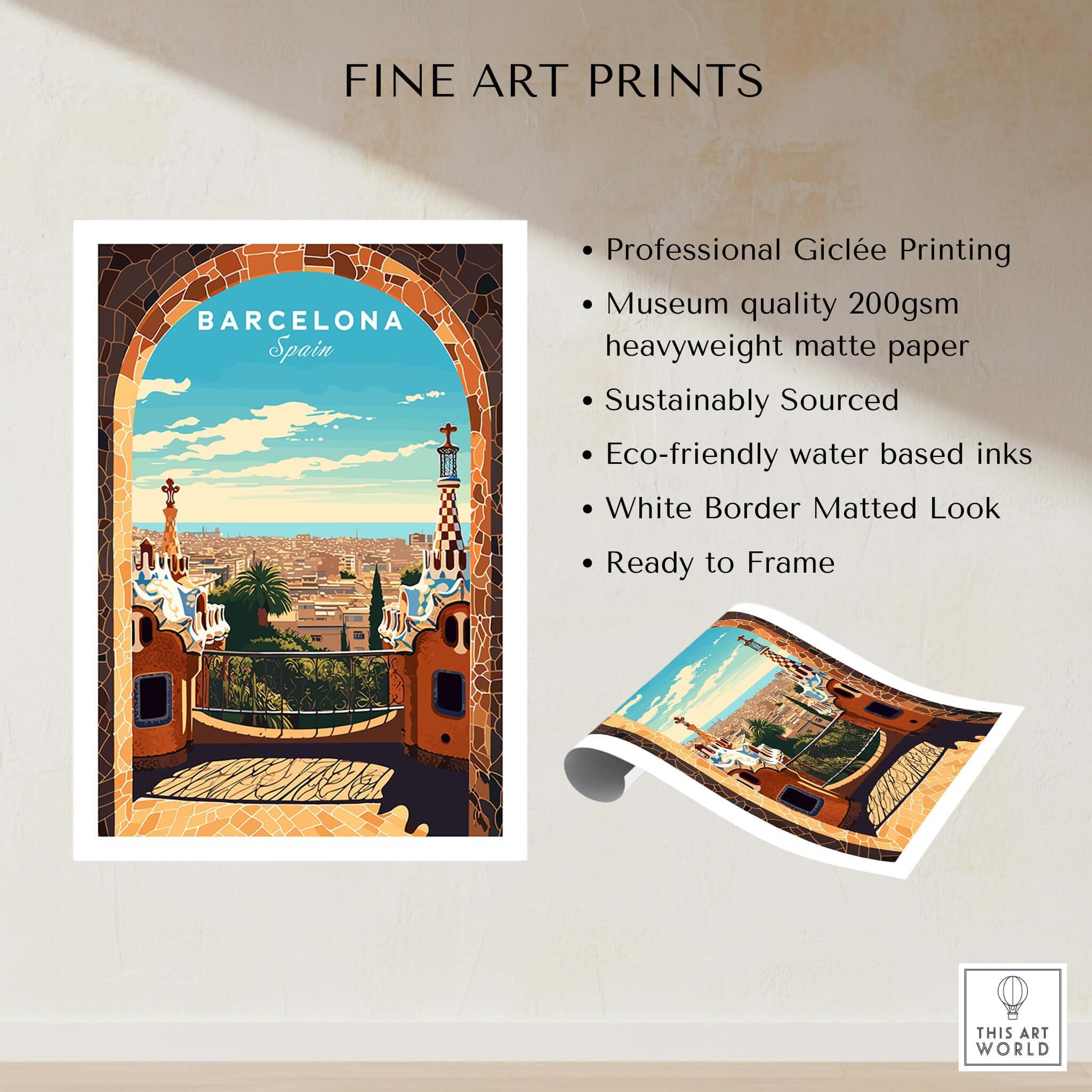 Barcelona Poster - Park Güell print showcasing vibrancy and intricate design inspired by Antoni Gaudí's masterpiece.