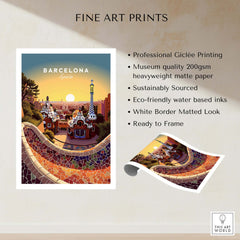 Barcelona Travel Poster Print featuring iconic architecture and vibrant colors in a museum-quality design.