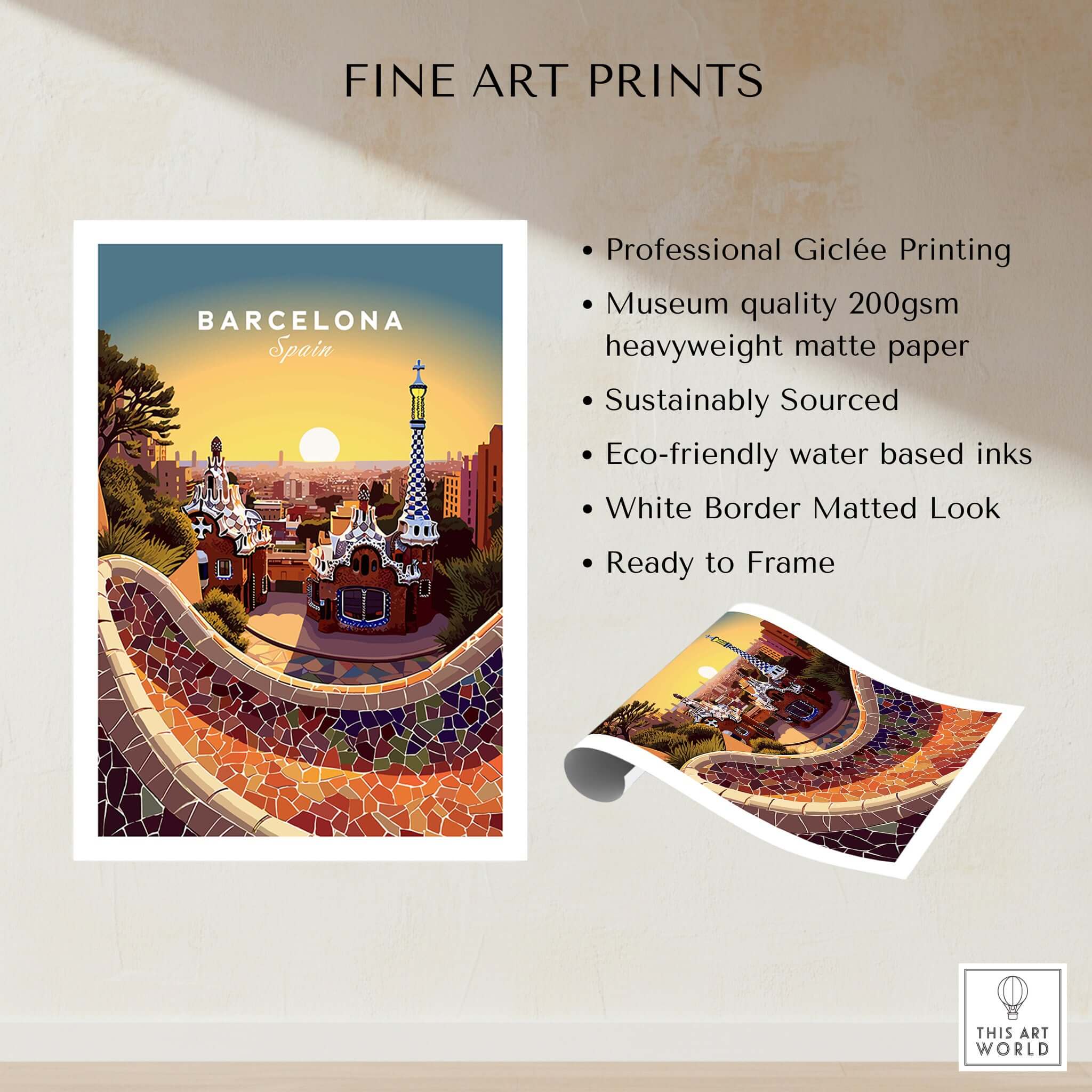 Barcelona Travel Poster Print featuring iconic architecture and vibrant colors in a museum-quality design.