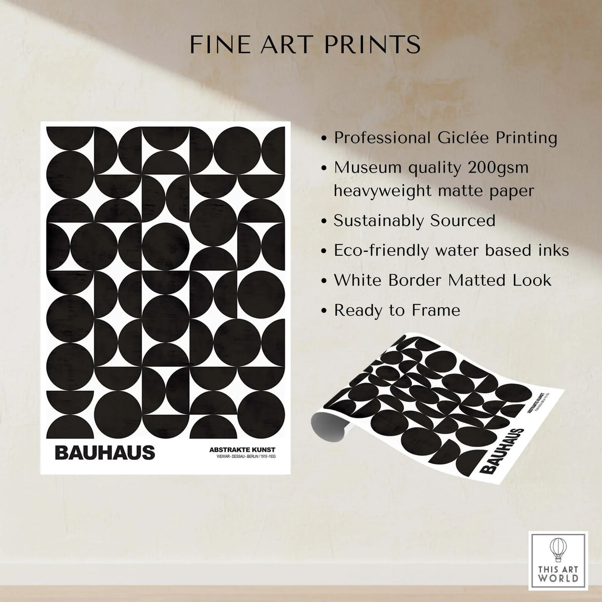Bauhaus Exhibition Prints - Geometric Circle Shapes Art Print Black White Pattern featuring black geometric shapes on white background.