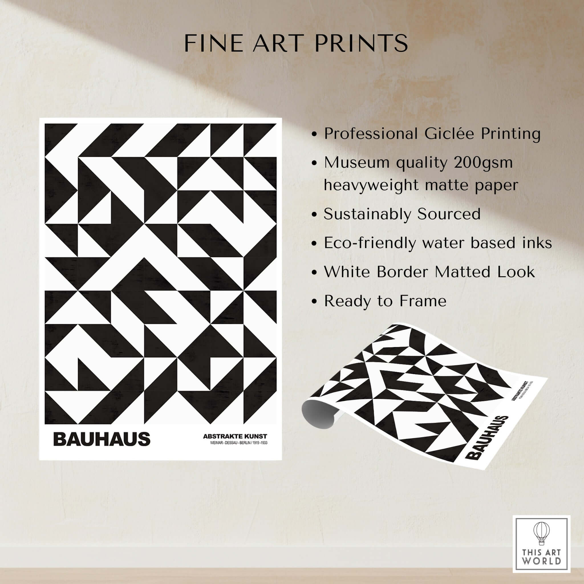 Bauhaus Exhibition Prints - Geometric Triangle Pattern Poster Black White Abstract showcasing Giclée printing and eco-friendly materials.