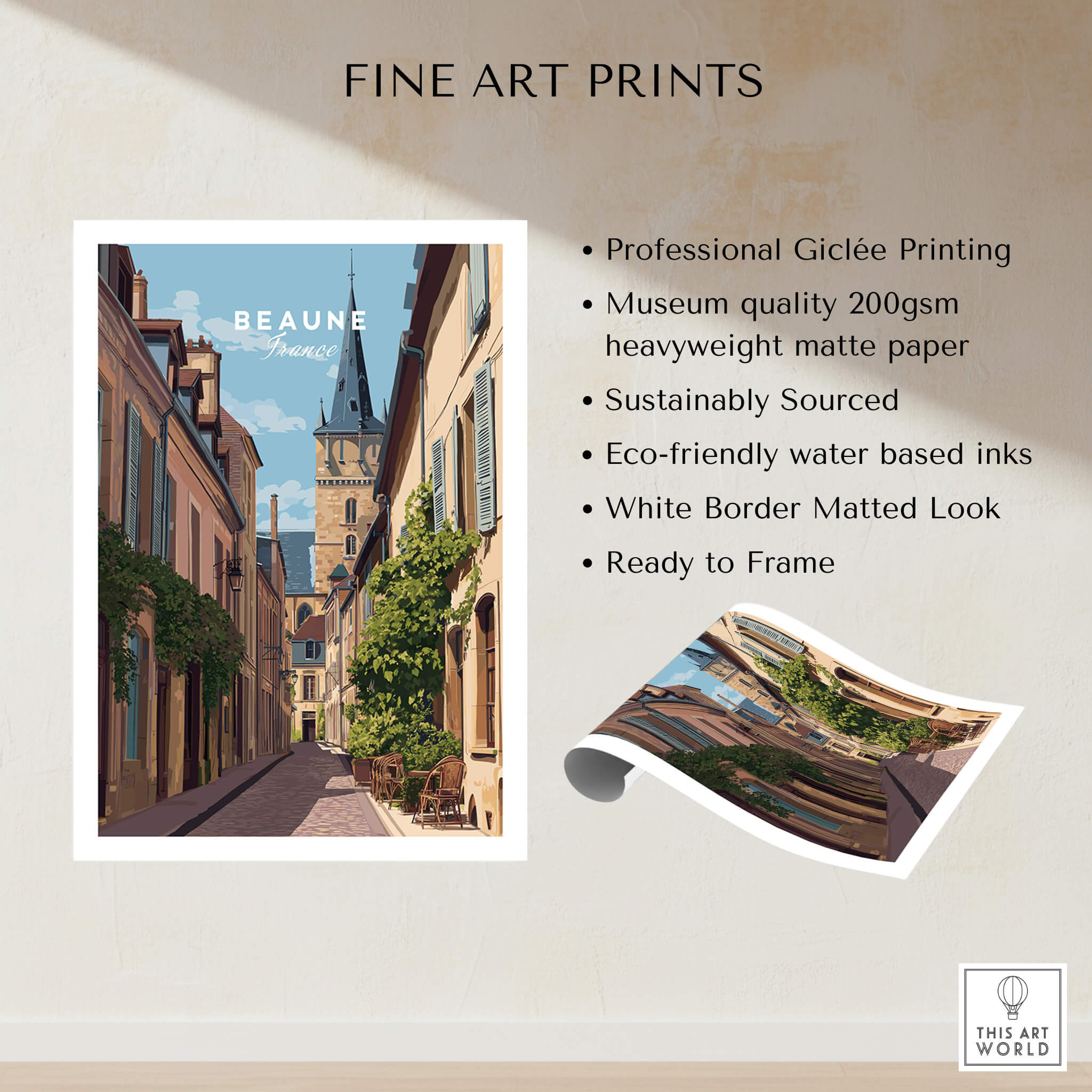 Beaune Travel Poster – Burgundy France Wall Art showcasing picturesque streets and charming architecture.