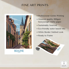 Beaune France Wall Art – Village Print featuring a picturesque street in Beaune, Burgundy with detailed architectural elements.