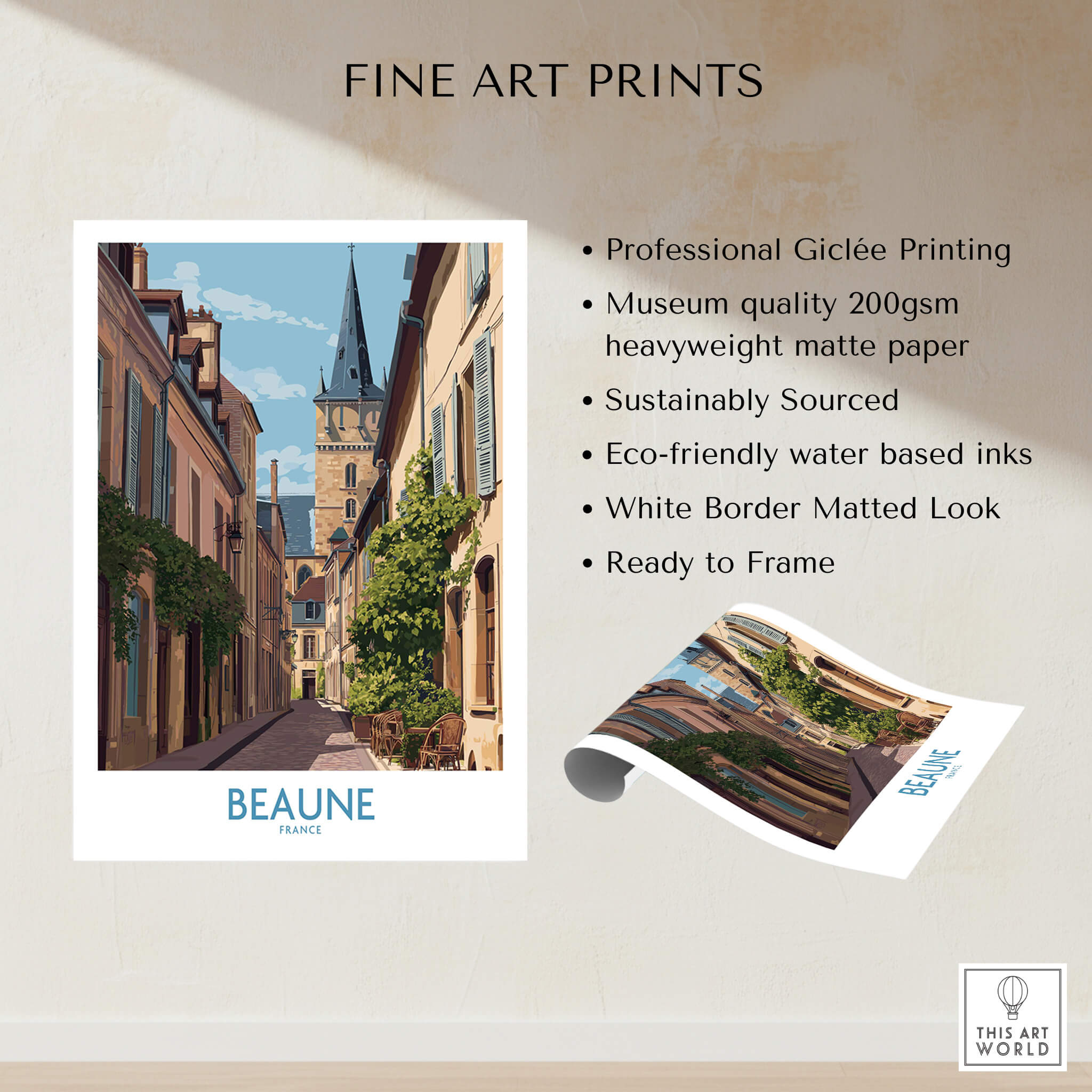 Beaune France Wall Art – Village Print featuring a picturesque street in Beaune, Burgundy with detailed architectural elements.