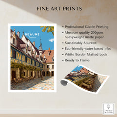 Beaune Travel Poster – Hospices de Beaune Architecture and Courtyard Art showcasing vibrant courtyard and unique Gothic design.