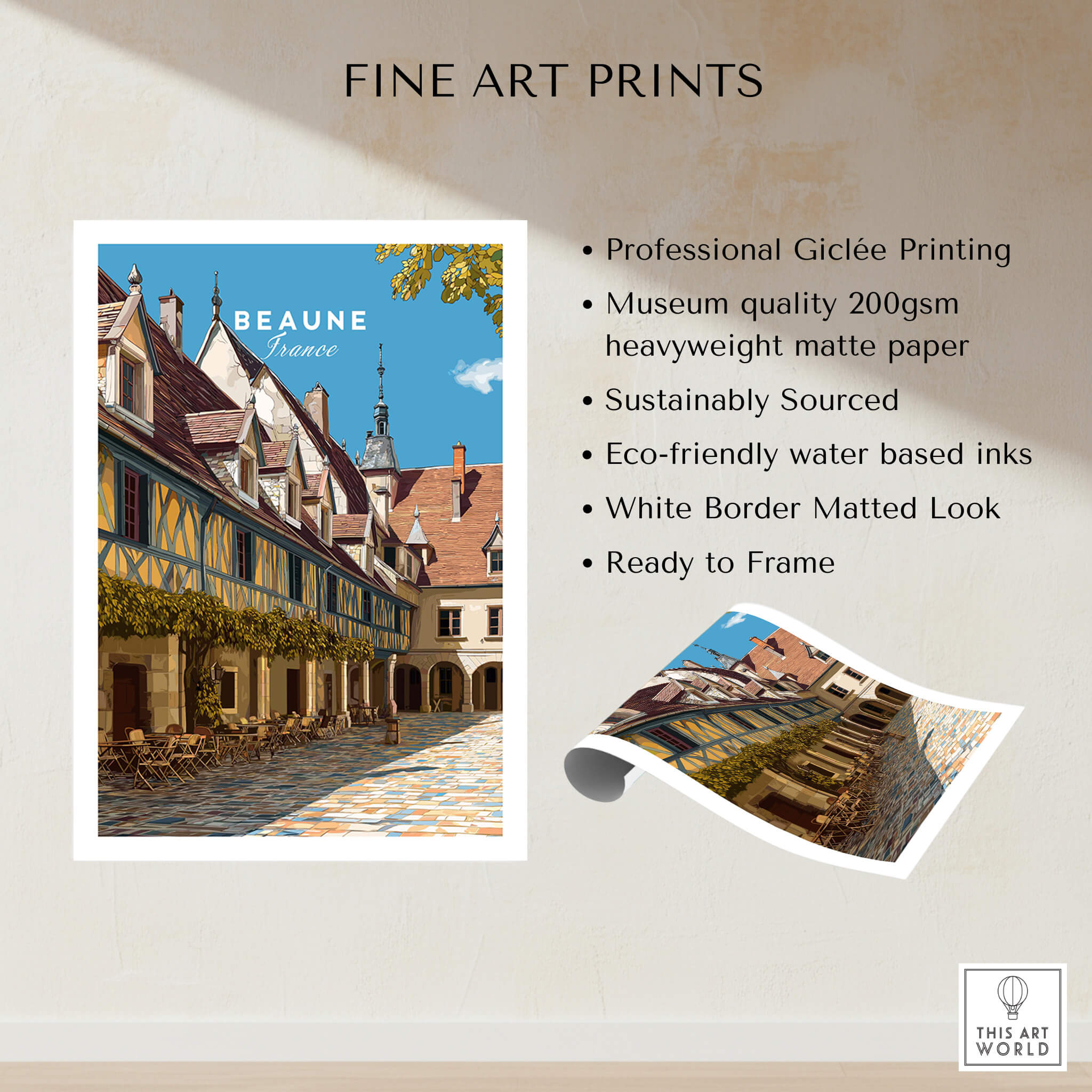 Beaune Travel Poster – Hospices de Beaune Architecture and Courtyard Art showcasing vibrant courtyard and unique Gothic design.