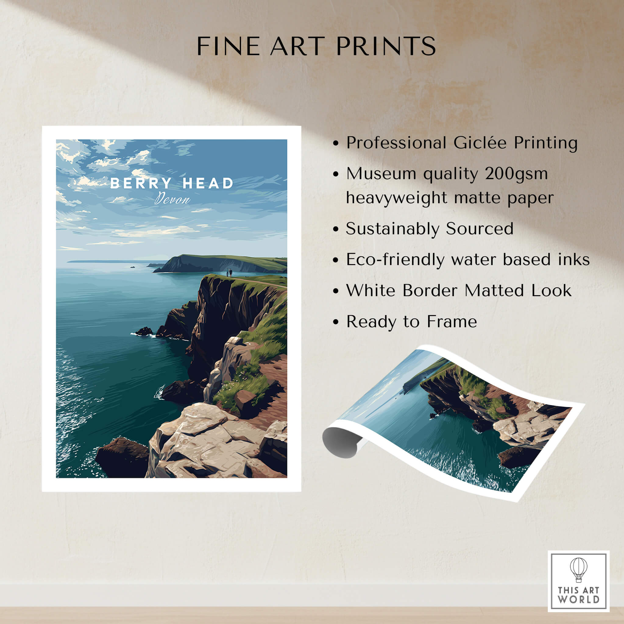 Berry Head Travel Poster – Devon Coastal Cliffs and Ocean View Print showcasing stunning coastal artwork.