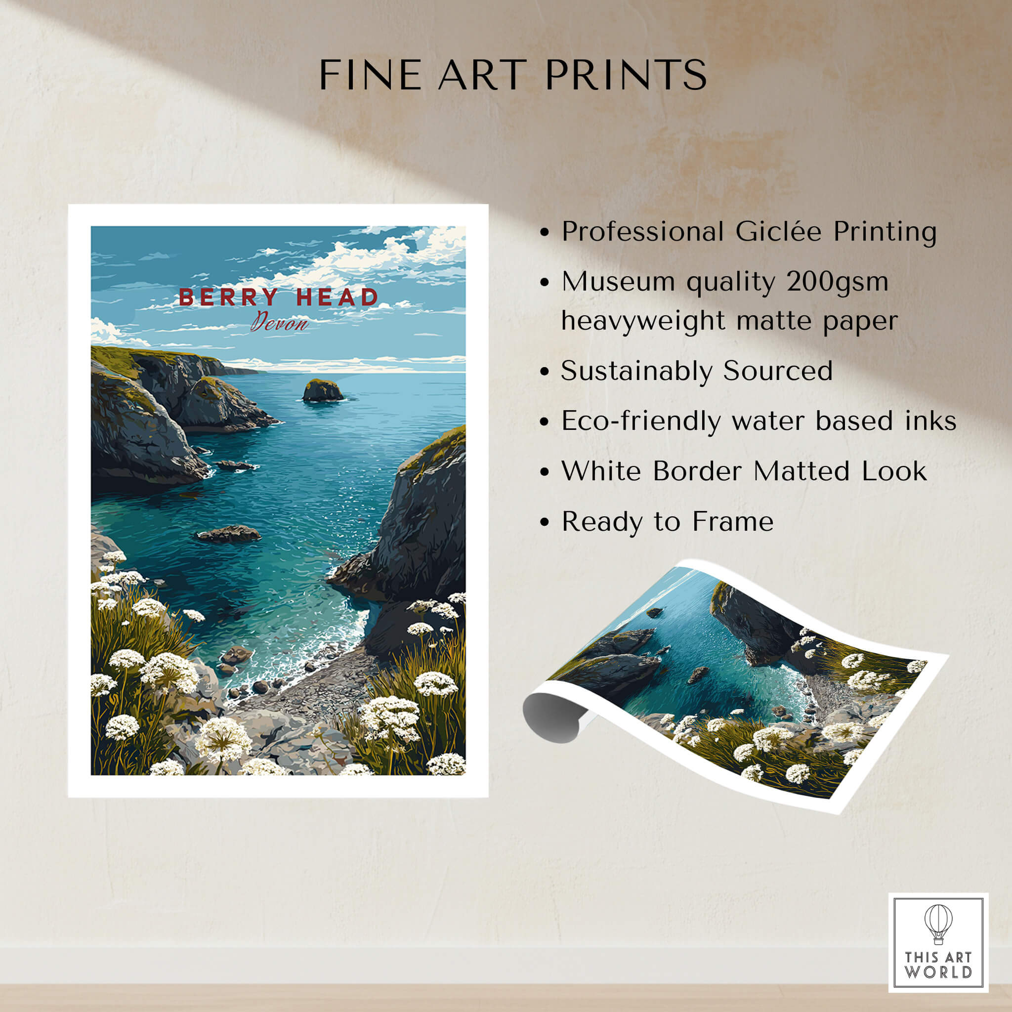 Berry Head Travel Poster – South Devon Coastline and Wildflower Art featuring cliffs and wildflowers.