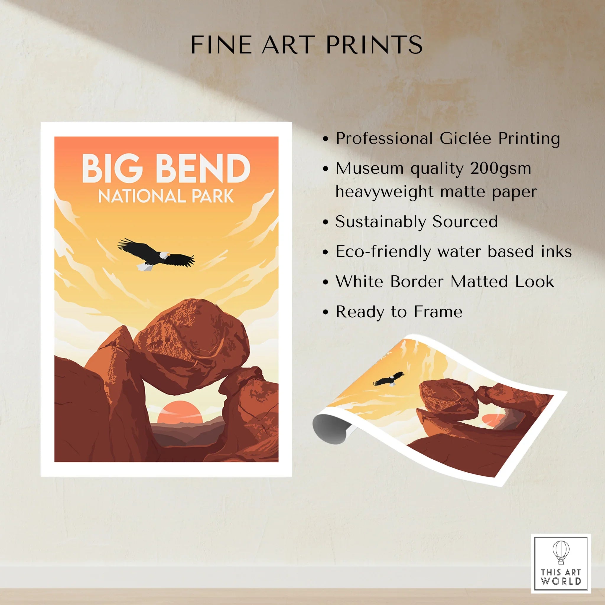 Big Bend National Park art print with eagle, red rock formations, sunset sky, unframed wall decor