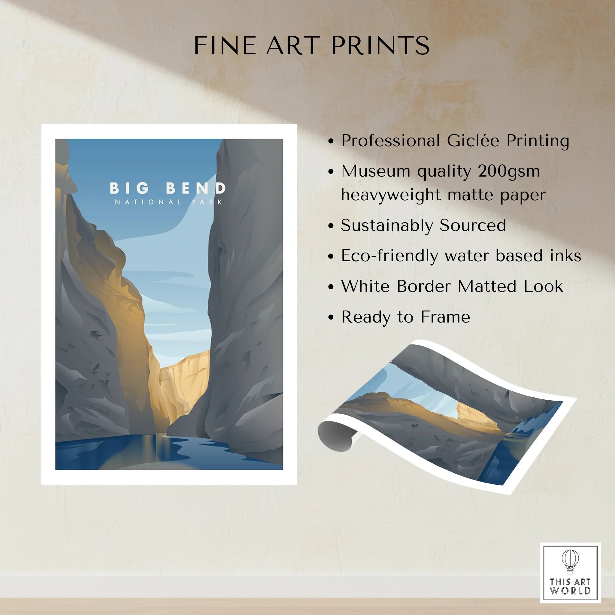 Big Bend National Park fine art print with canyon landscape, unframed with matted border.