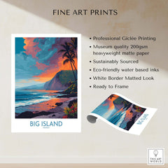 Big Island Hawaii Sunset Beach Art Print | Tropical Palm Tree Poster showcasing vibrant sunset over tropical landscape.