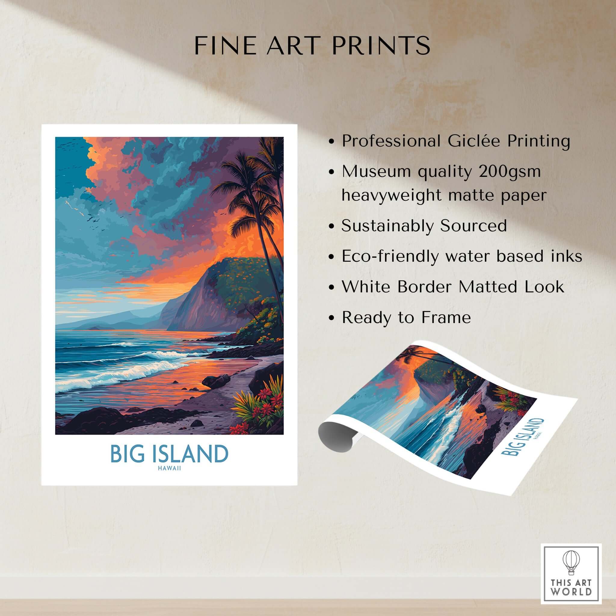 Big Island Hawaii Sunset Beach Art Print | Tropical Palm Tree Poster showcasing vibrant sunset over tropical landscape.