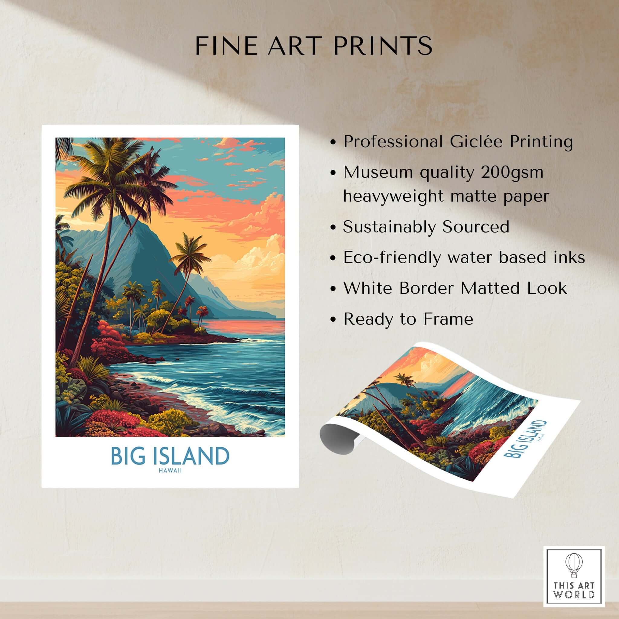 Big Island Hawaii Tropical Beach Art Print | Lush Green Coast Poster featuring vibrant coastlines and palm trees.