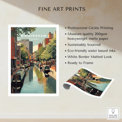 Birmingham canal fine art print with boats, city buildings, and trees, unframed wall art poster